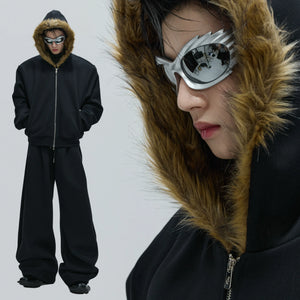 Fur-Collar Hooded Zip Cardigan in Relaxed Cotton - main image 3
