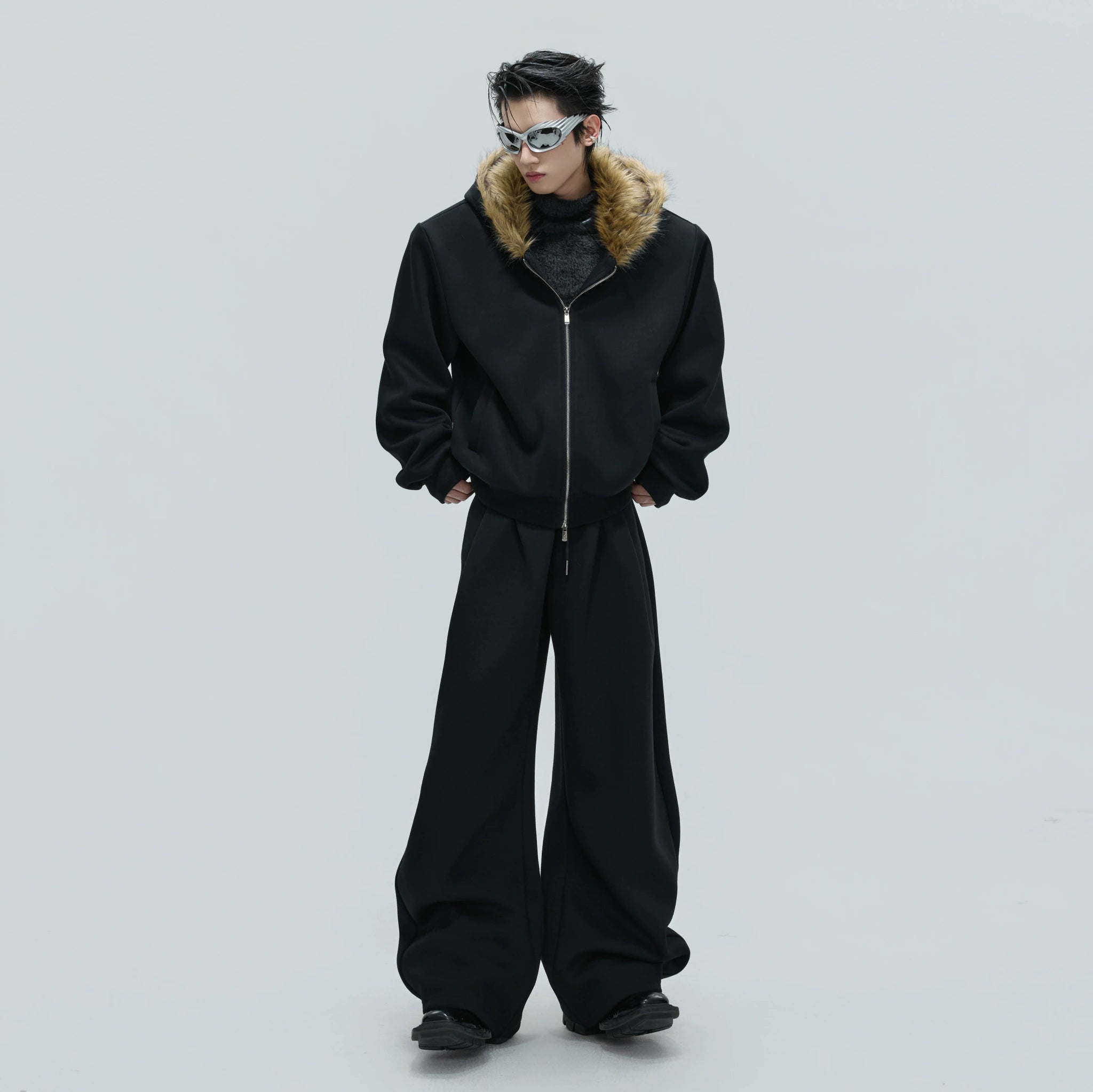 Fur-Collar Hooded Zip Cardigan in Relaxed Cotton - main image 4