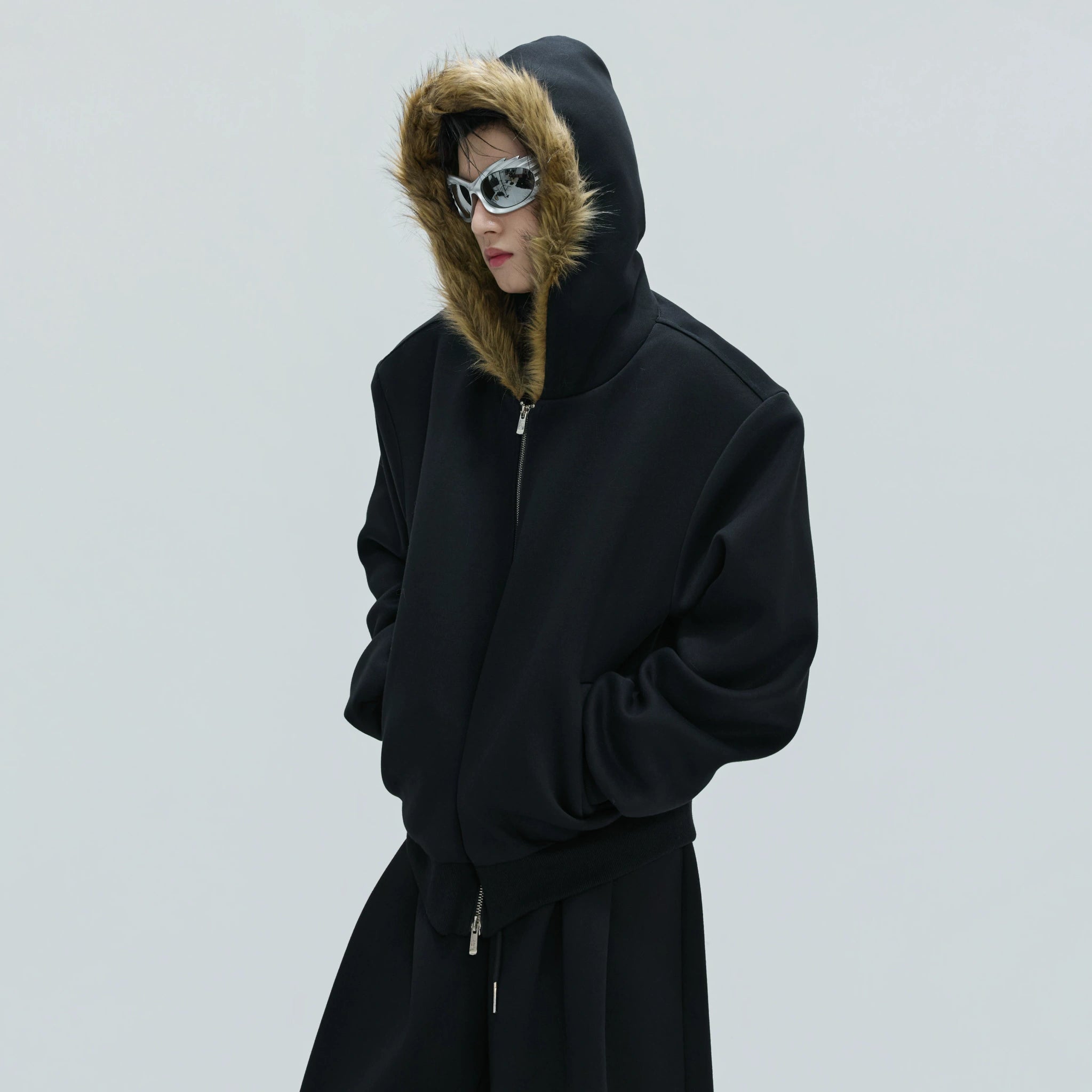 Fur-Collar Hooded Zip Cardigan in Relaxed Cotton - main image 5