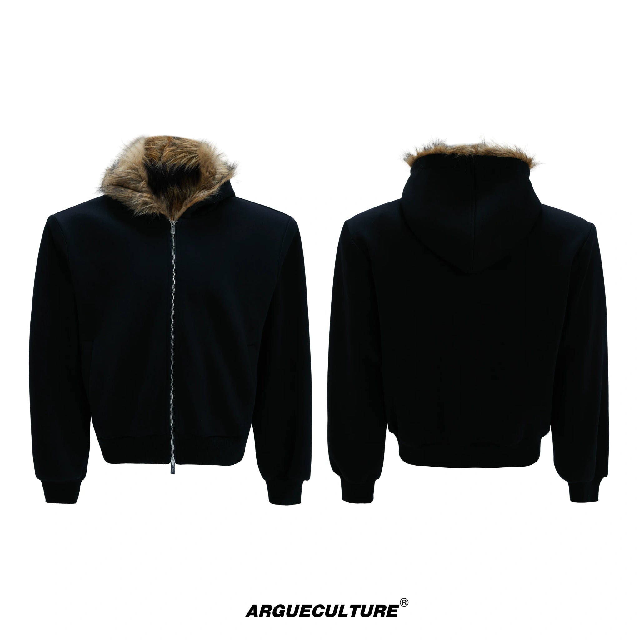 Fur-Collar Hooded Zip Cardigan in Relaxed Cotton - Black Top