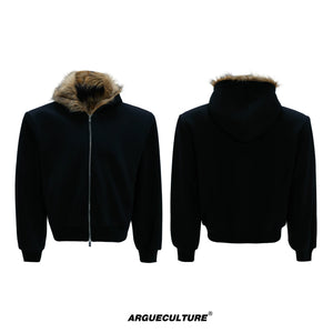Fur-Collar Hooded Zip Cardigan in Relaxed Cotton - Black Top