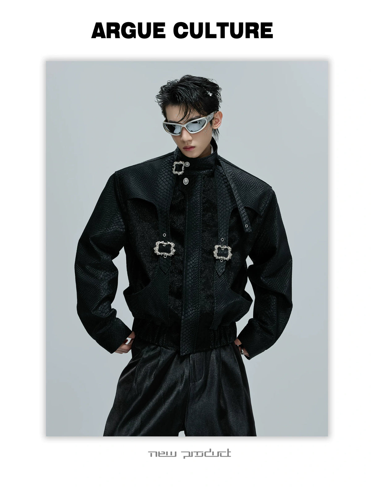 Crocodile-Embossed Cropped Faux Leather Zip Jacket - description image 11
