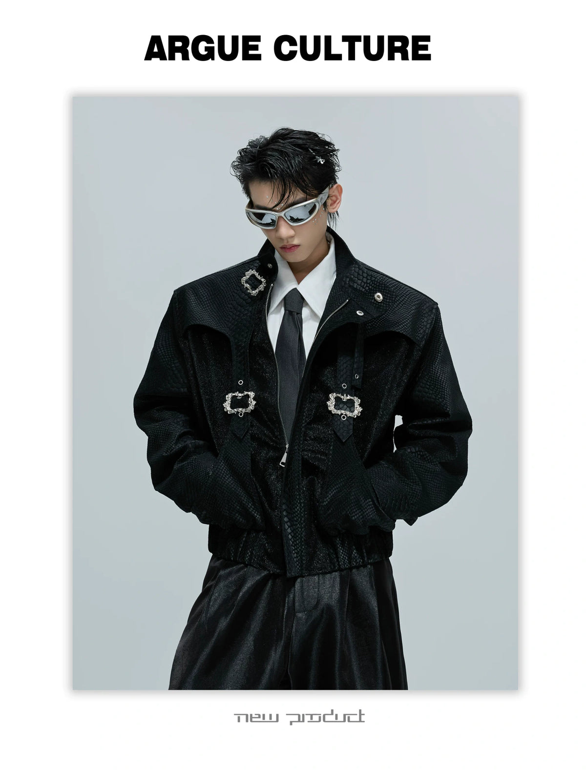 Crocodile-Embossed Cropped Faux Leather Zip Jacket - description image 13