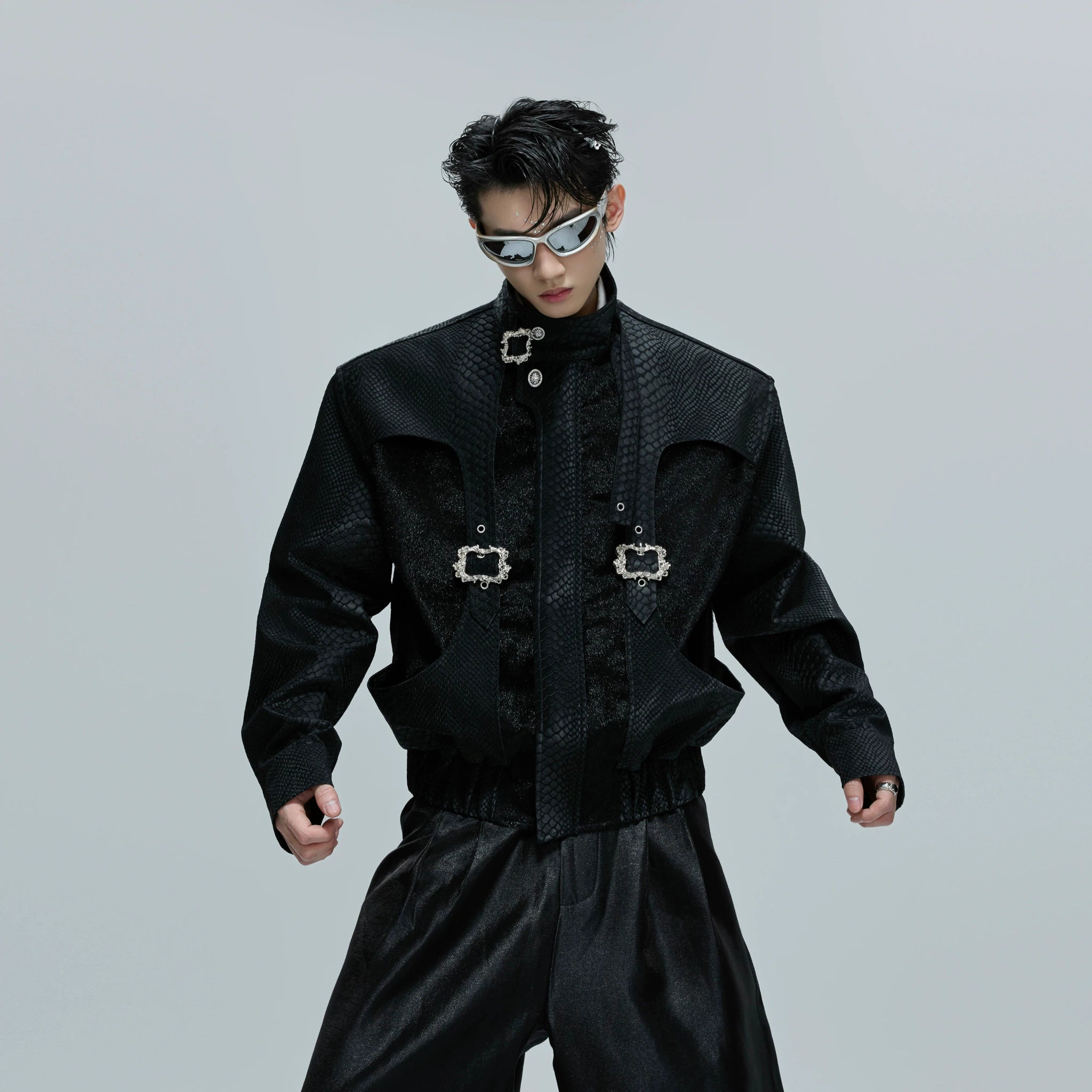Crocodile-Embossed Cropped Faux Leather Zip Jacket - main image 2