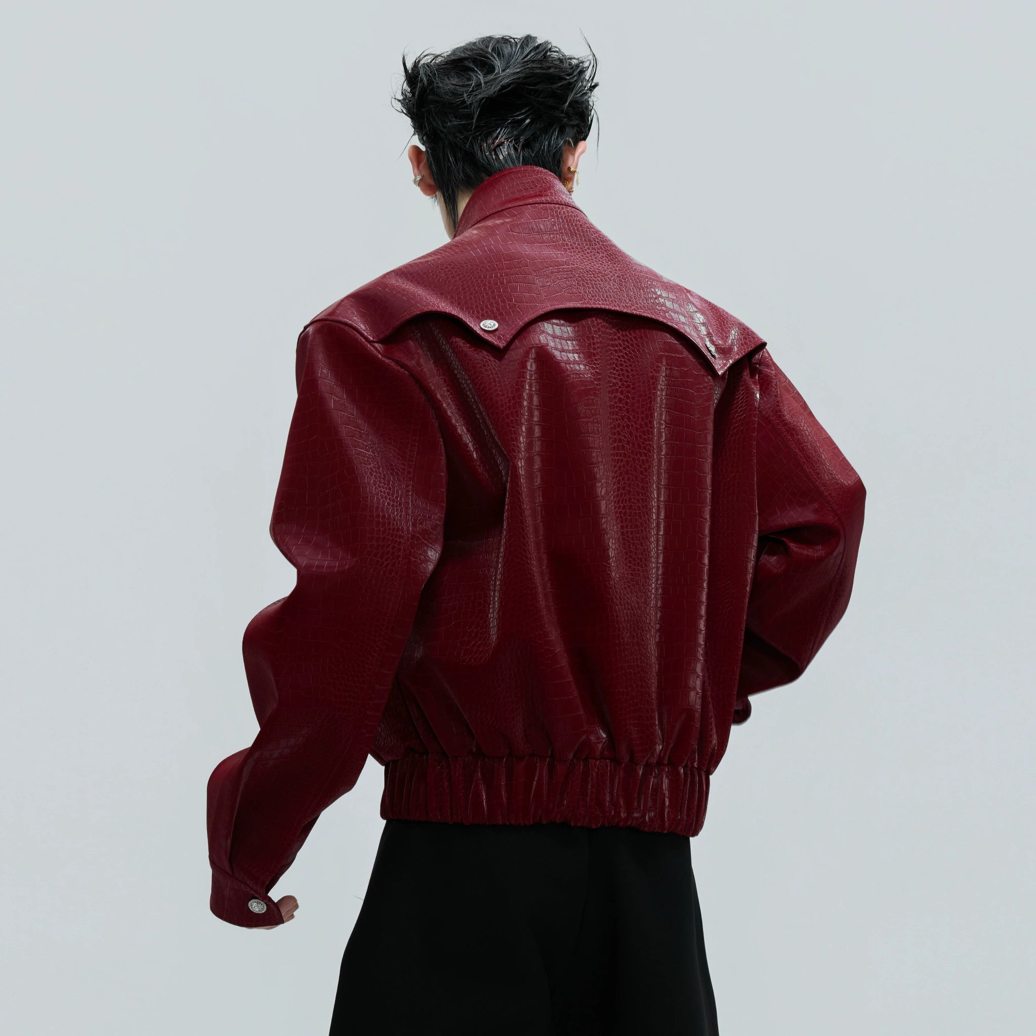 Crocodile-Embossed Cropped Faux Leather Zip Jacket - main image 3