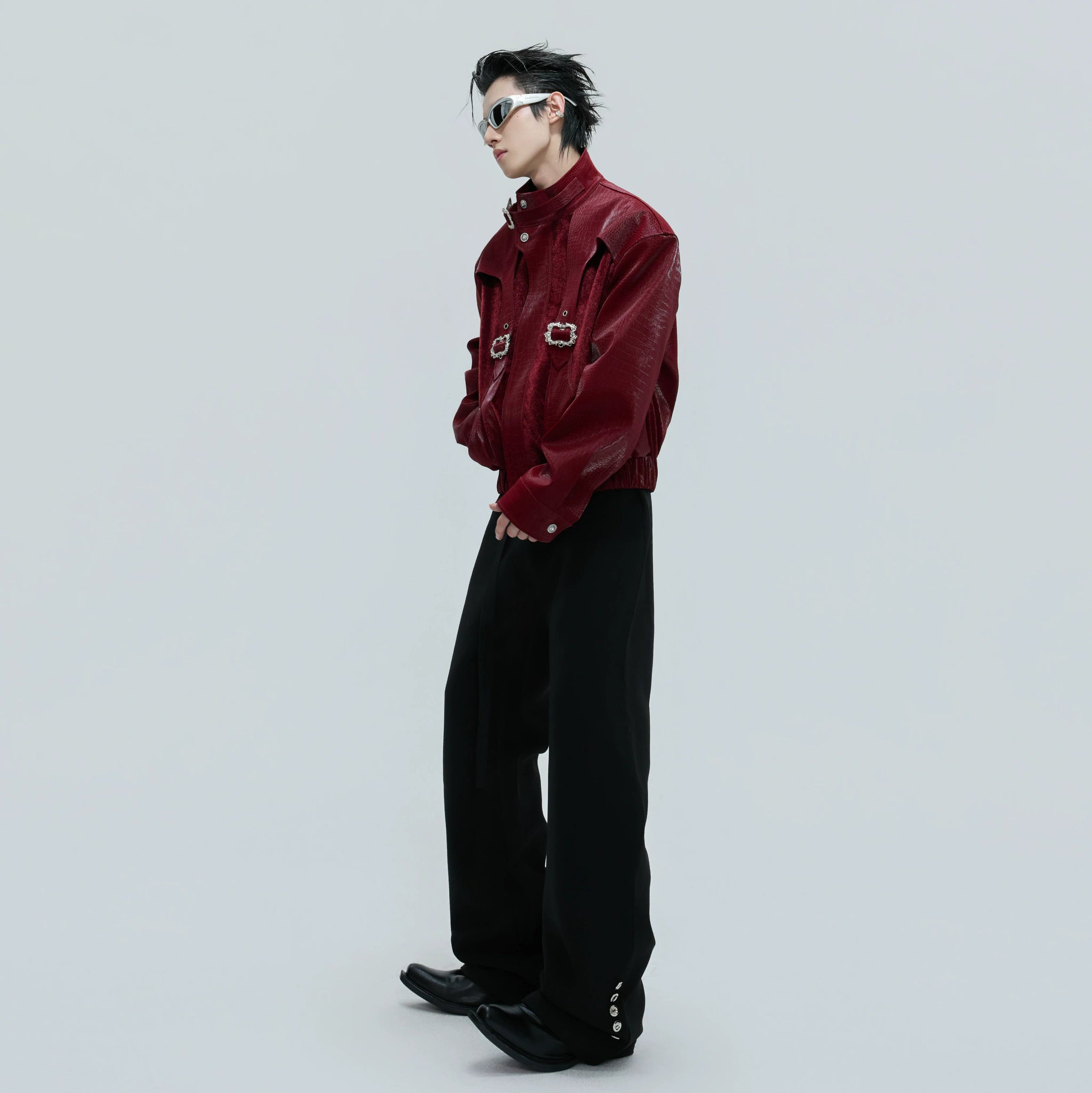 Crocodile-Embossed Cropped Faux Leather Zip Jacket - main image 4