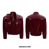 Crocodile-Embossed Cropped Faux Leather Zip Jacket - Dark Red