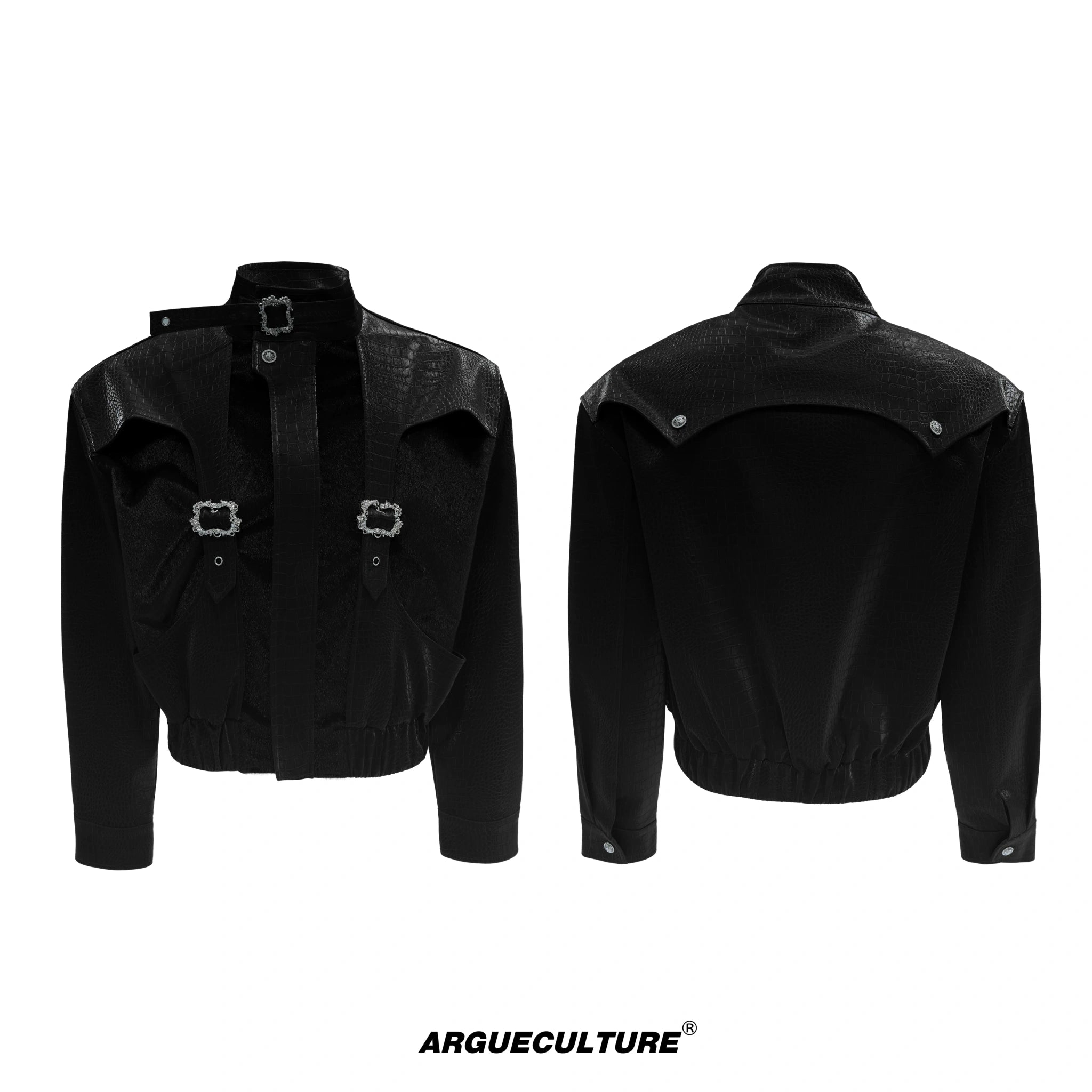 Crocodile-Embossed Cropped Faux Leather Zip Jacket - Black