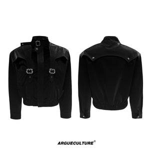 Crocodile-Embossed Cropped Faux Leather Zip Jacket - Black
