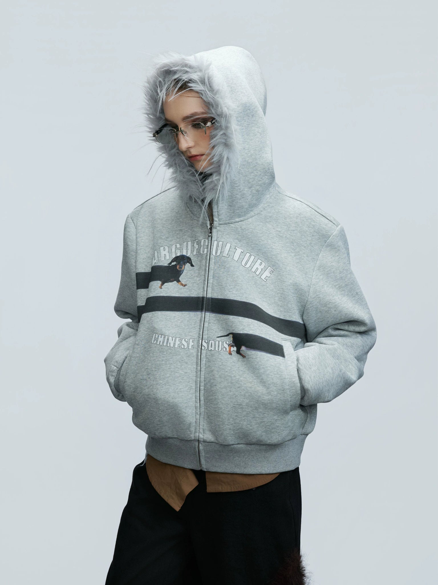 Dachshund Print Zip Hoodie with Plush Hood Trim - main image 1
