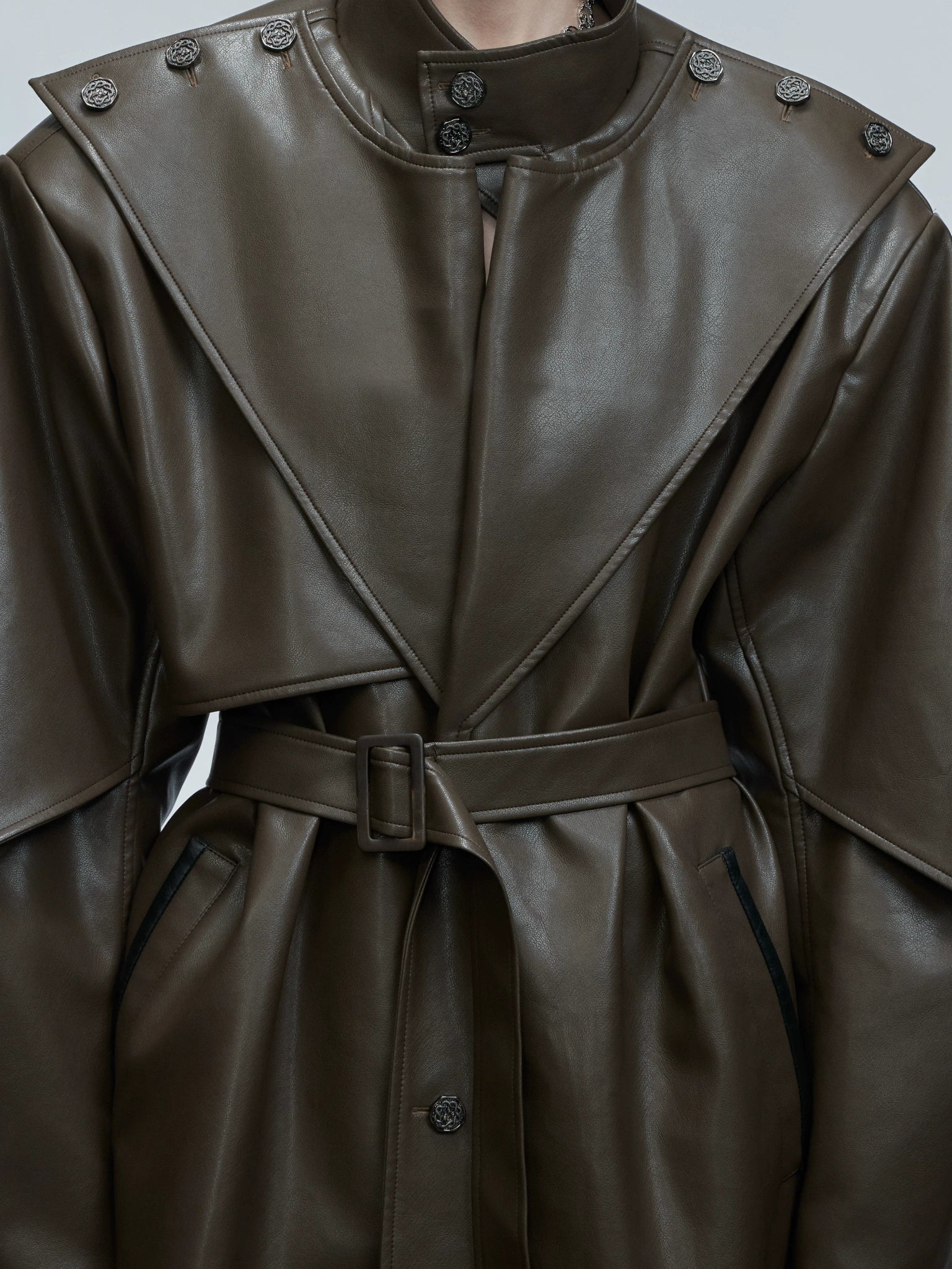 Deconstructed PU Leather Long Coat with Stand Collar - main image 4