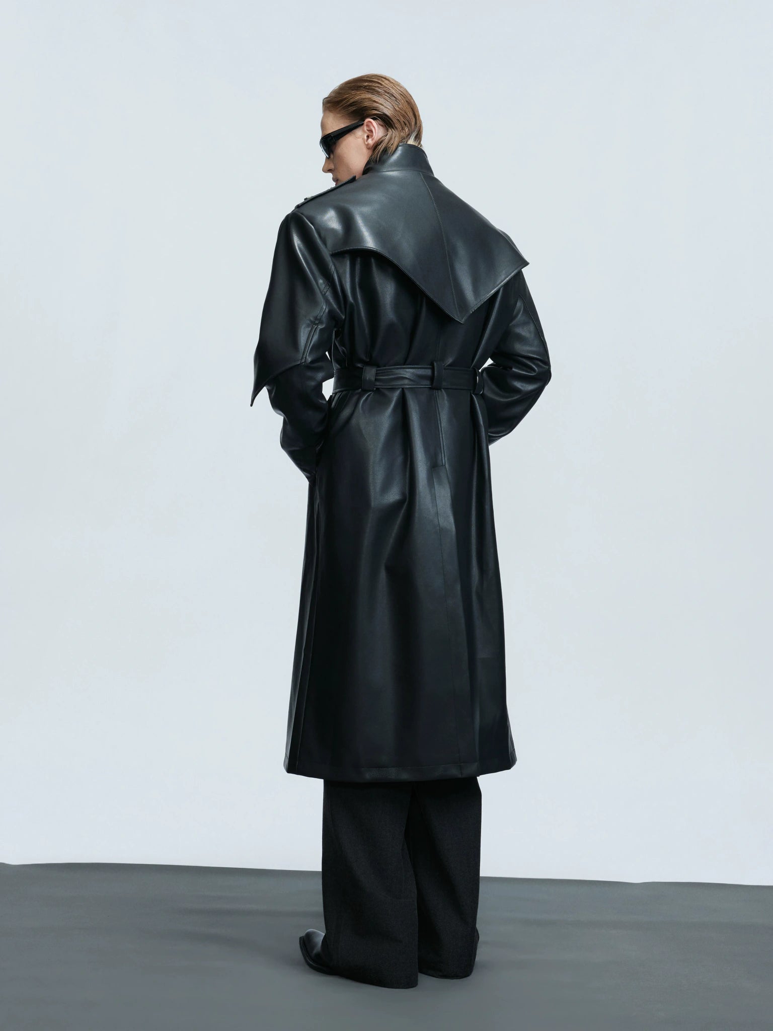 Deconstructed PU Leather Long Coat with Stand Collar - main image 5