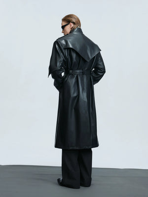 Deconstructed PU Leather Long Coat with Stand Collar - main image 5