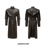 Deconstructed PU Leather Long Coat with Stand Collar - Brown