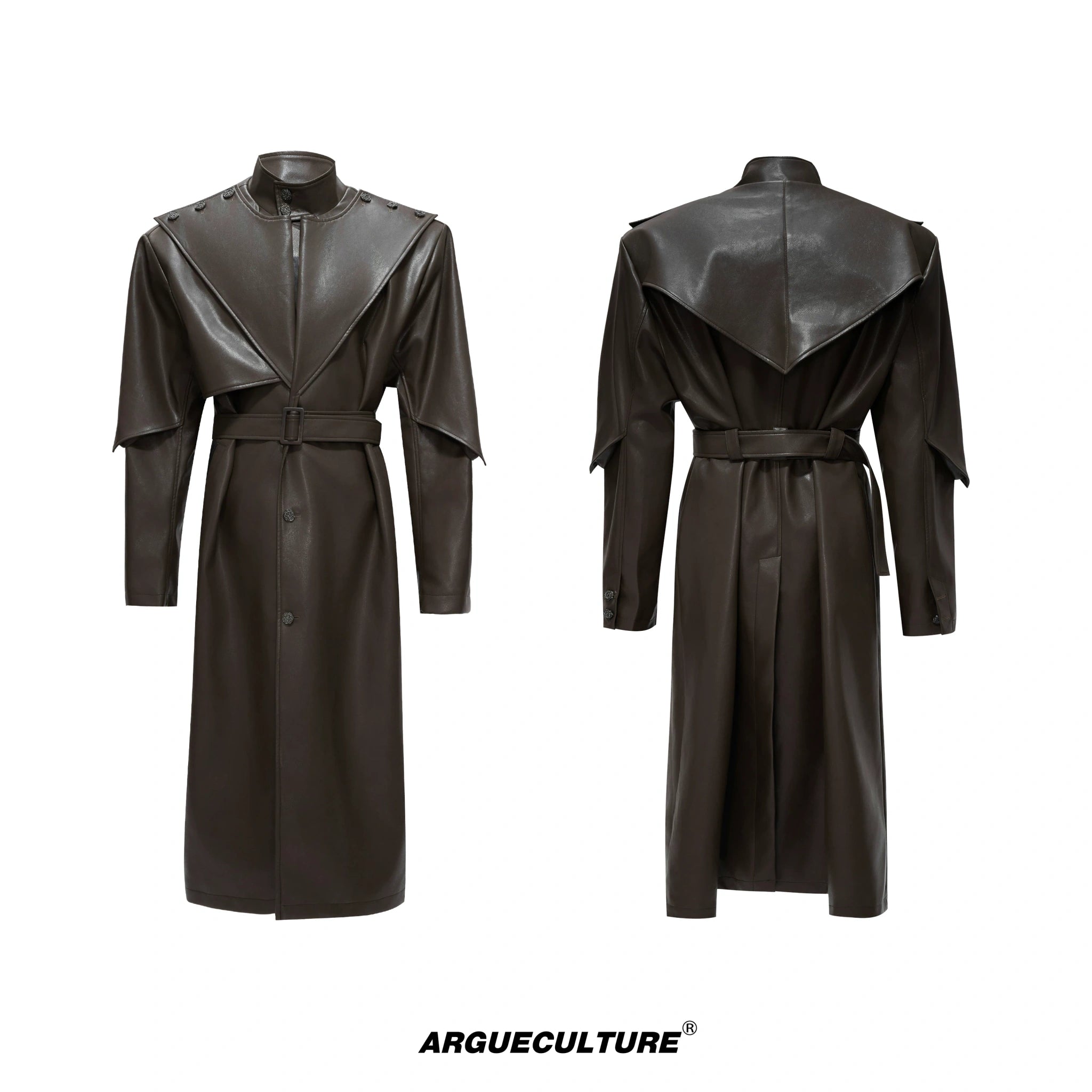 Deconstructed PU Leather Long Coat with Stand Collar - Brown