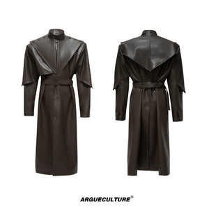 Deconstructed PU Leather Long Coat with Stand Collar - Brown
