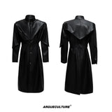Deconstructed PU Leather Long Coat with Stand Collar - Black