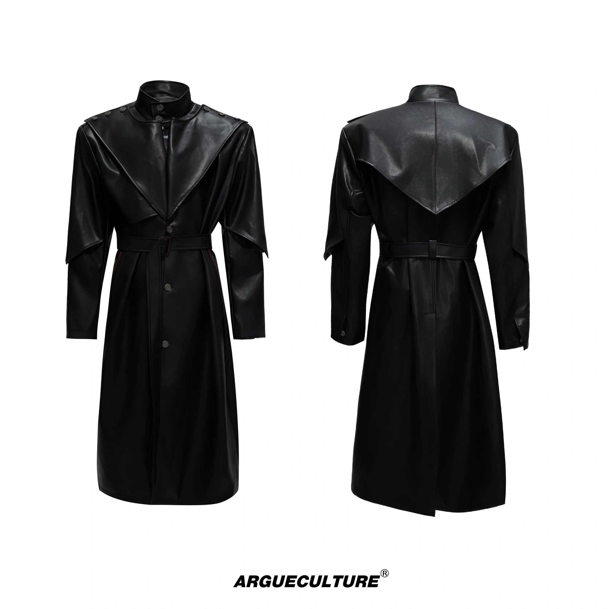 Deconstructed PU Leather Long Coat with Stand Collar - Black