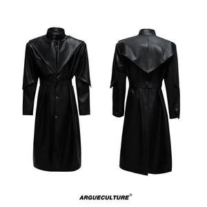 Deconstructed PU Leather Long Coat with Stand Collar - Black