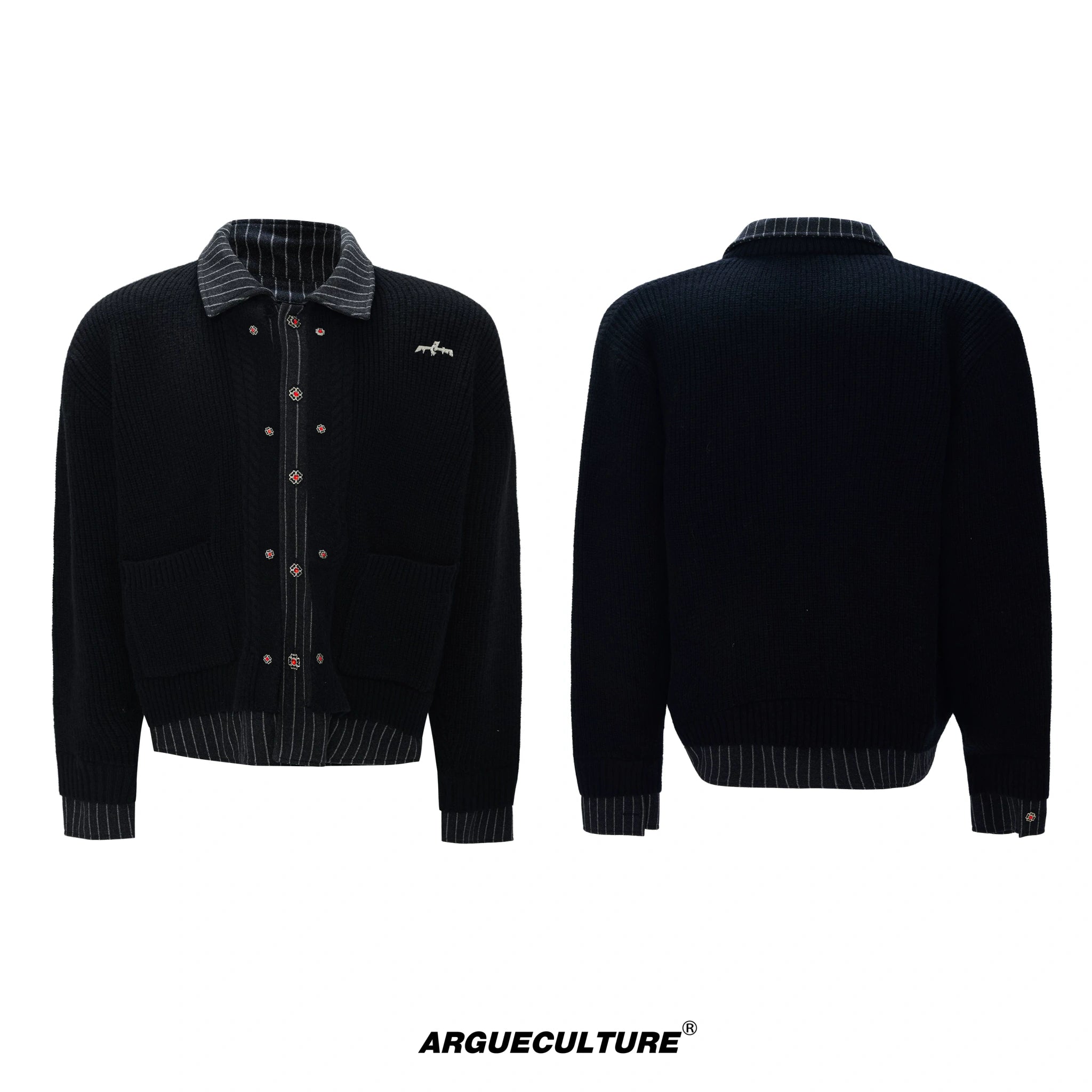 Wool Cashmere Faux-Layered Cardigan Sweater Jacket - Black Top