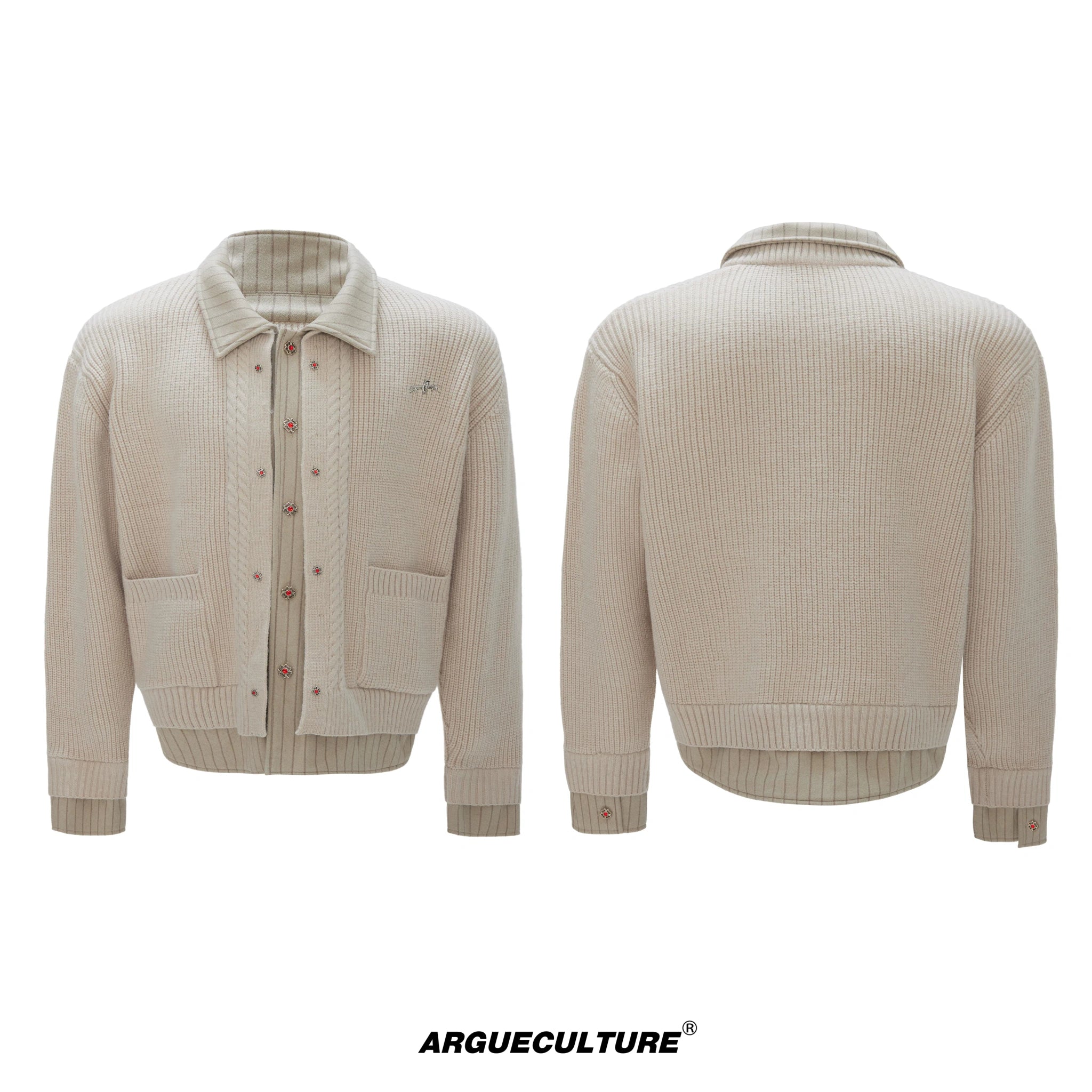 Wool Cashmere Faux-Layered Cardigan Sweater Jacket - Khaki Top