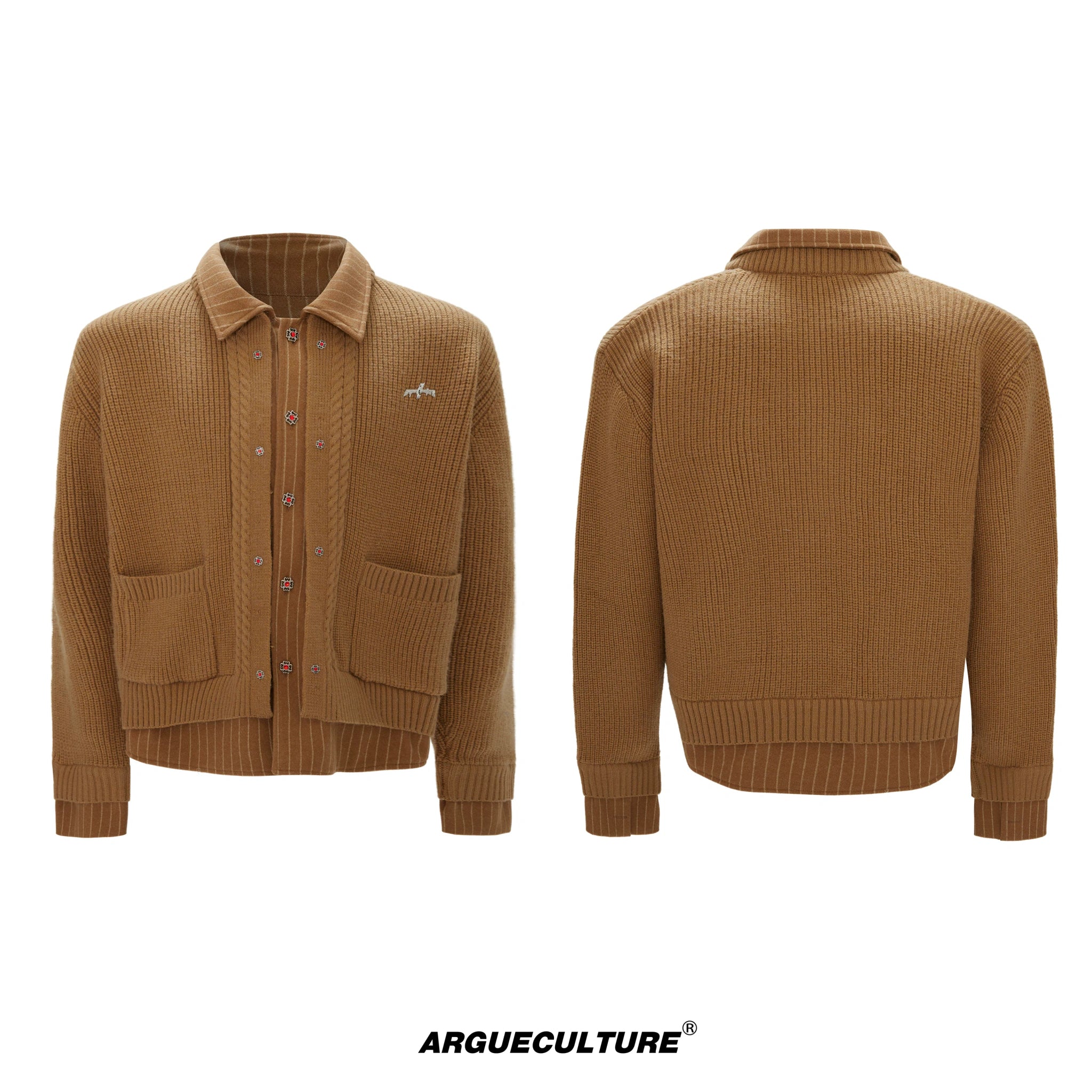 Wool Cashmere Faux-Layered Cardigan Sweater Jacket - Camel Top