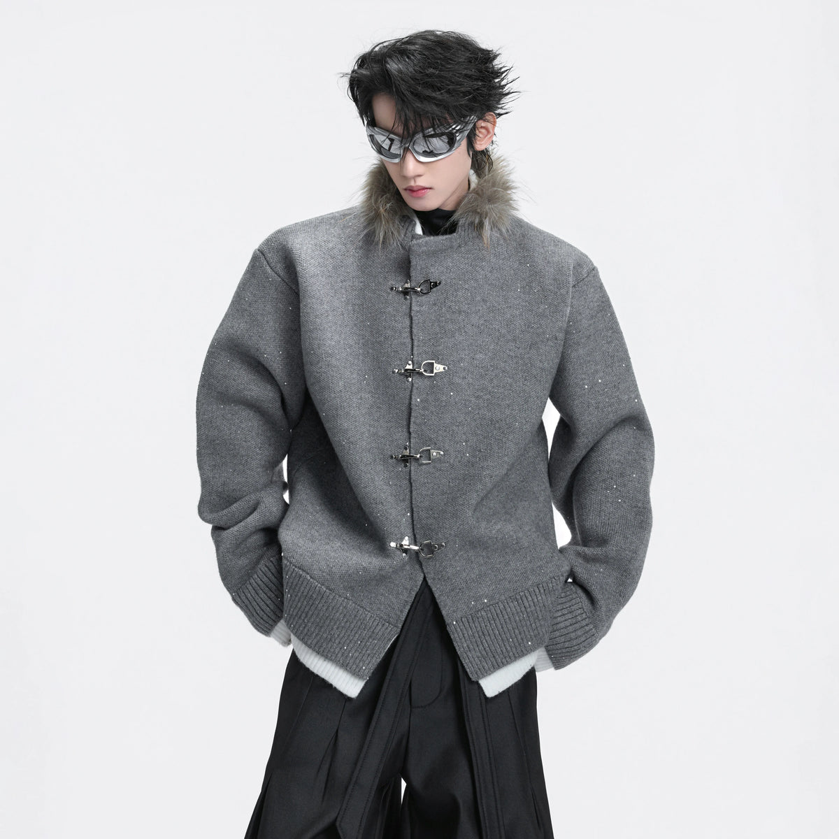 Shimmer Knit Cardigan with Detachable Fur Collar - main image 2
