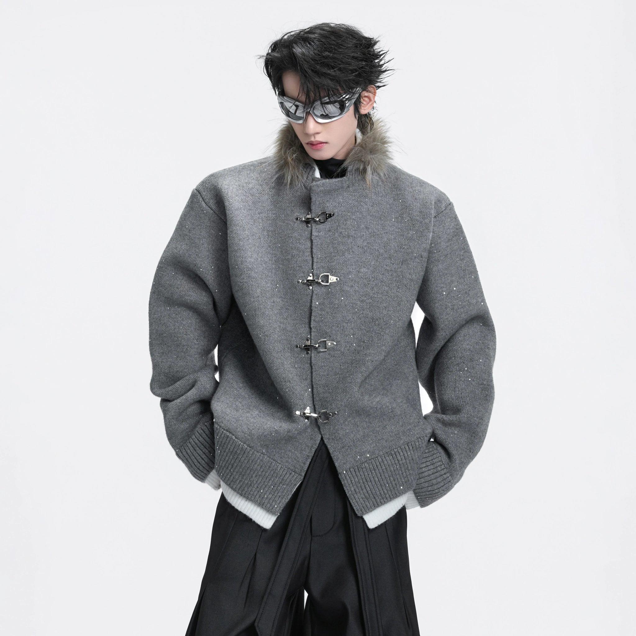 Shimmer Knit Cardigan with Detachable Fur Collar - main image 2