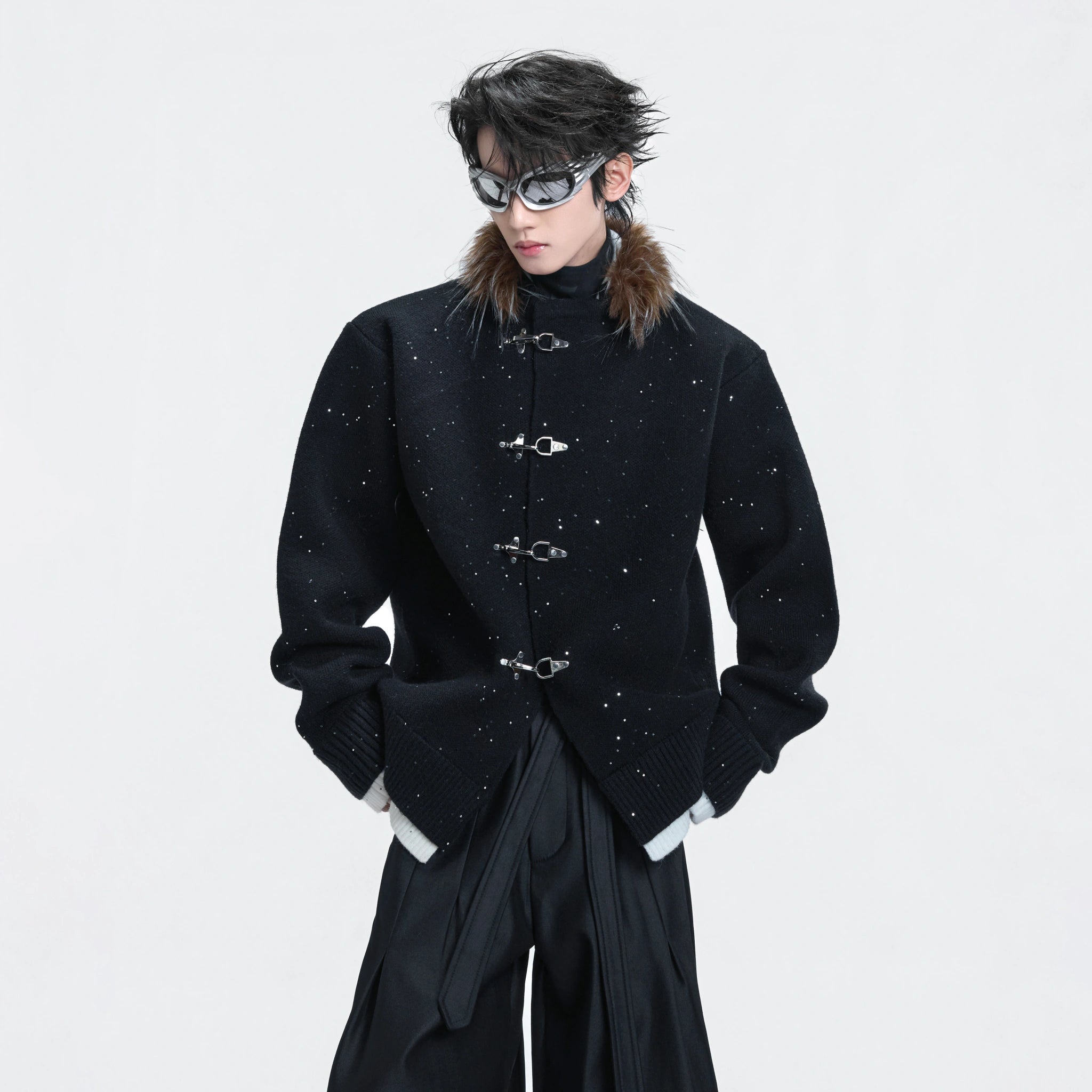 Shimmer Knit Cardigan with Detachable Fur Collar - main image 3