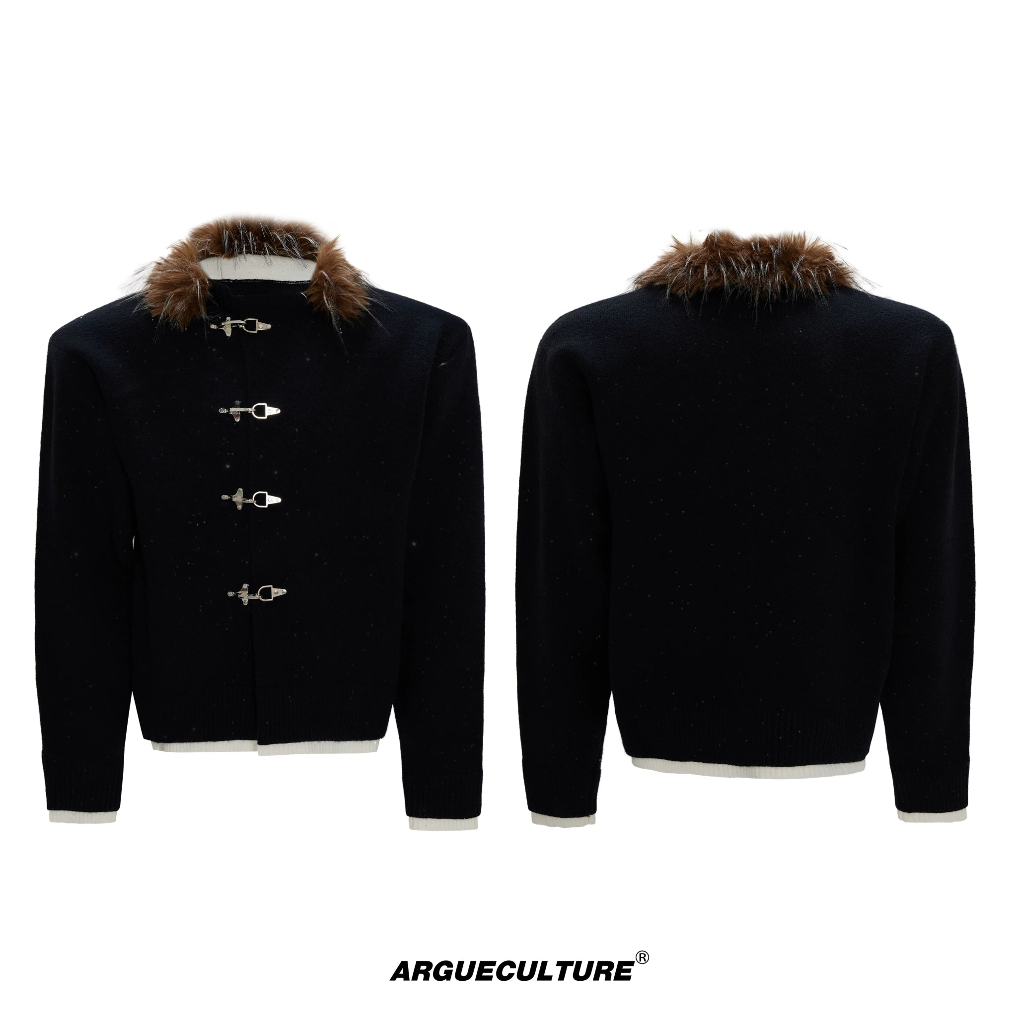 Shimmer Knit Cardigan with Detachable Fur Collar - Black Top