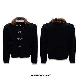 Shimmer Knit Cardigan with Detachable Fur Collar - Black Top