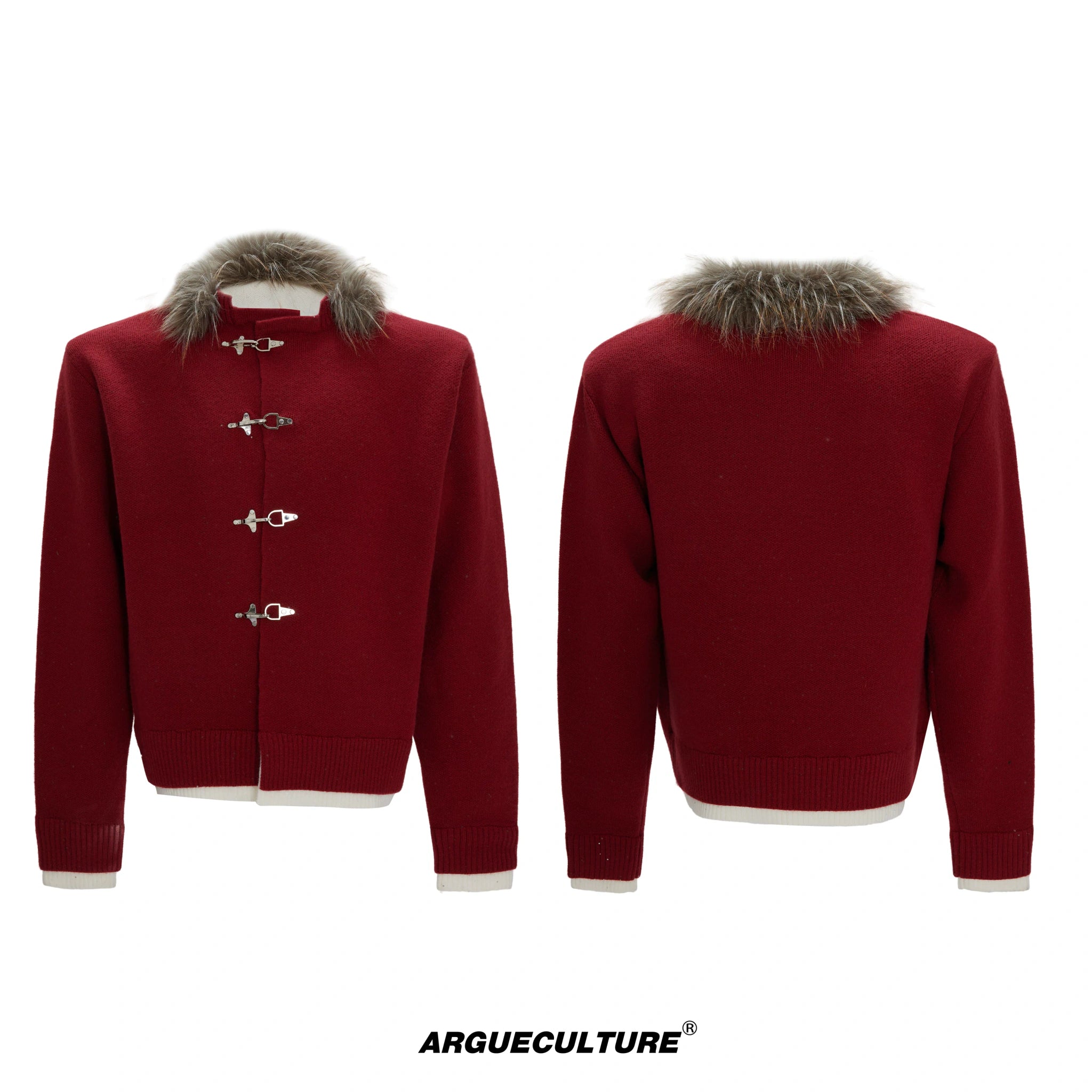 Shimmer Knit Cardigan with Detachable Fur Collar - Red Top