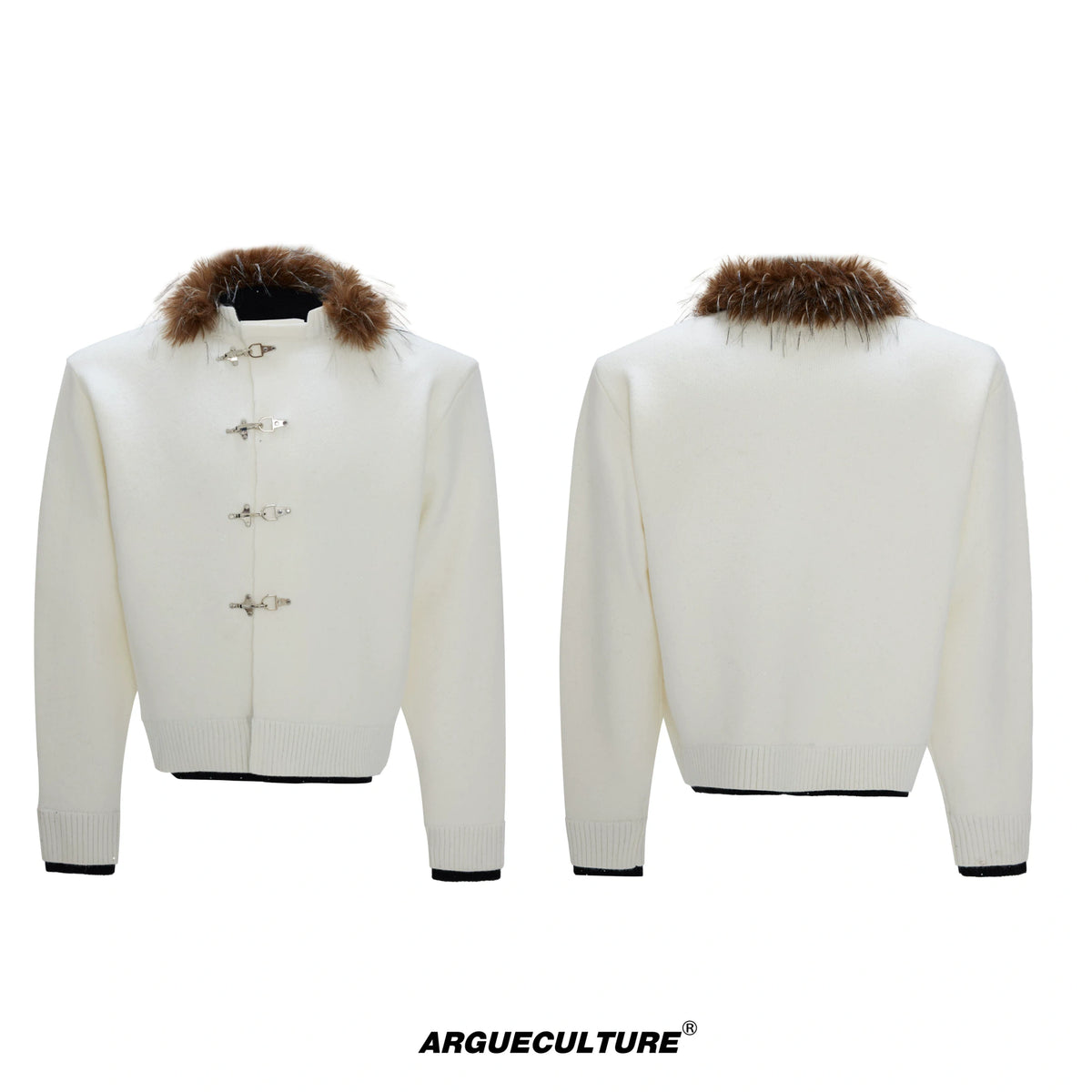 Shimmer Knit Cardigan with Detachable Fur Collar - White Top