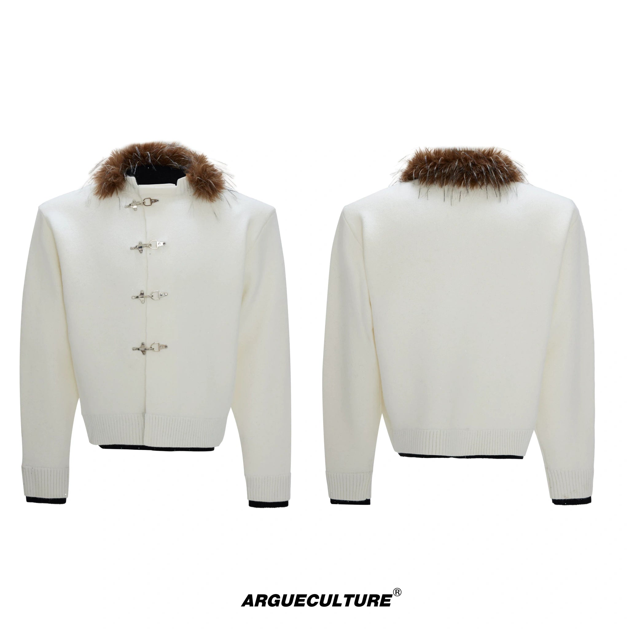 Shimmer Knit Cardigan with Detachable Fur Collar - White Top