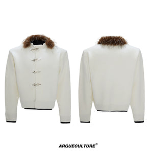 Shimmer Knit Cardigan with Detachable Fur Collar - White Top