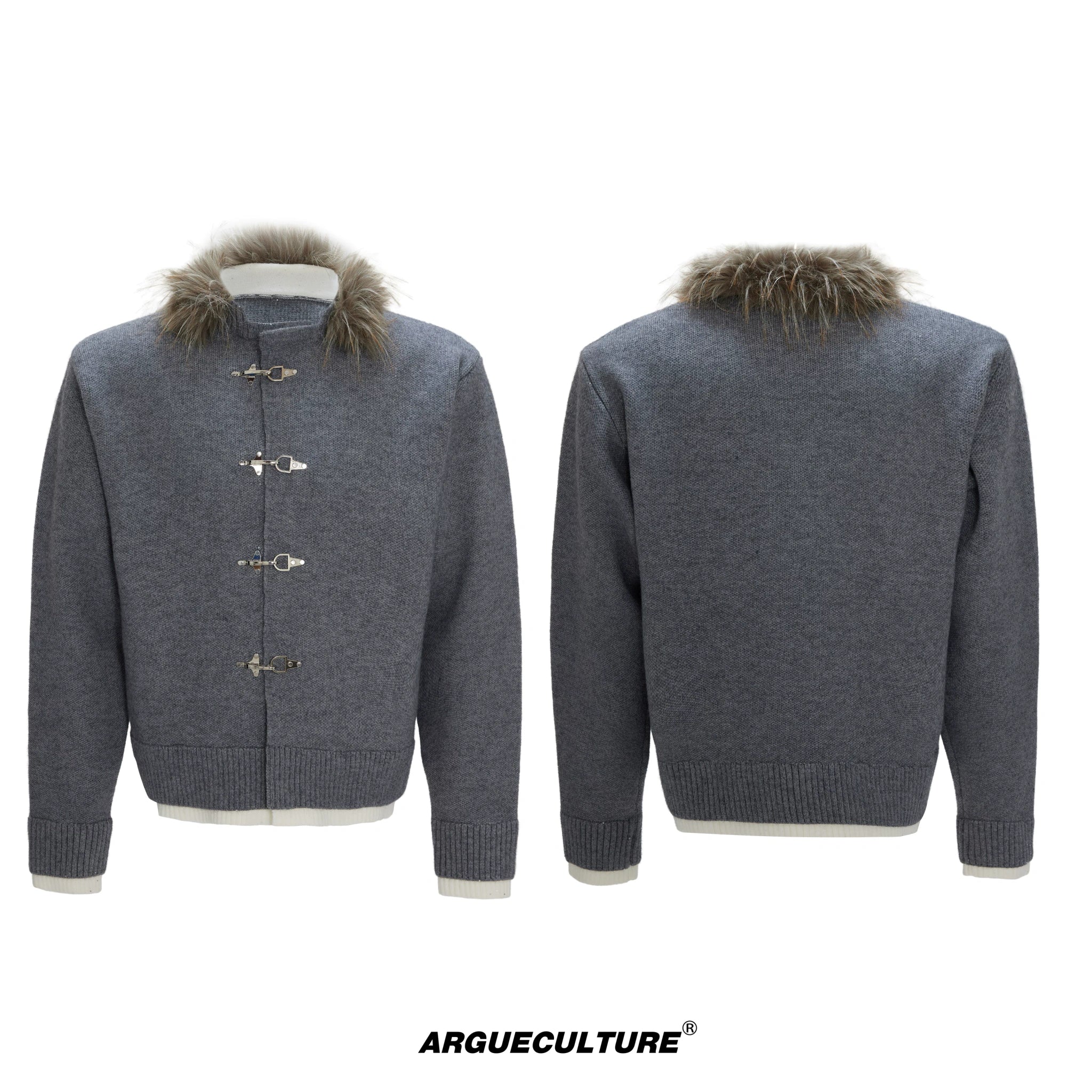 Shimmer Knit Cardigan with Detachable Fur Collar - Gray Top