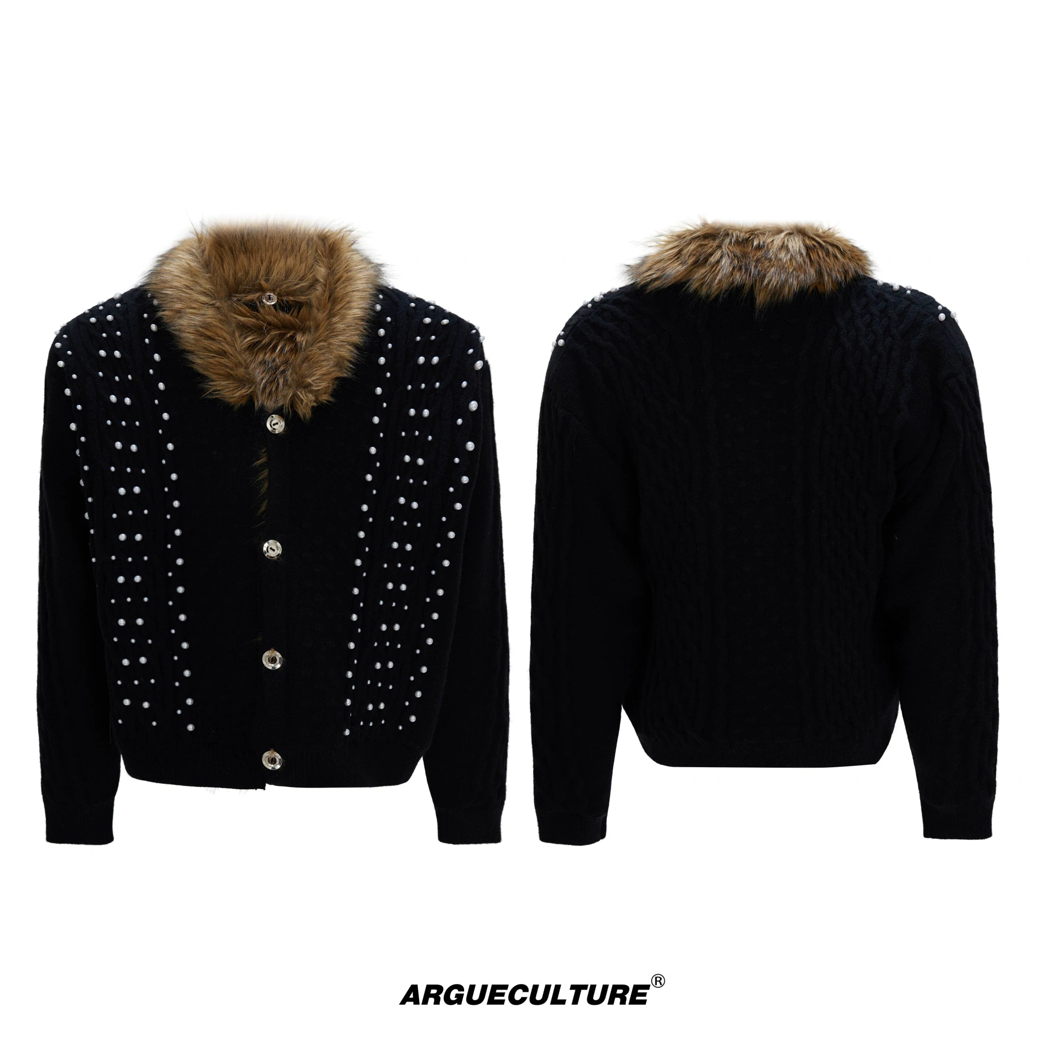 Retro Fur-Collar Cotton-Wool Cardigan Sweater - Black Top