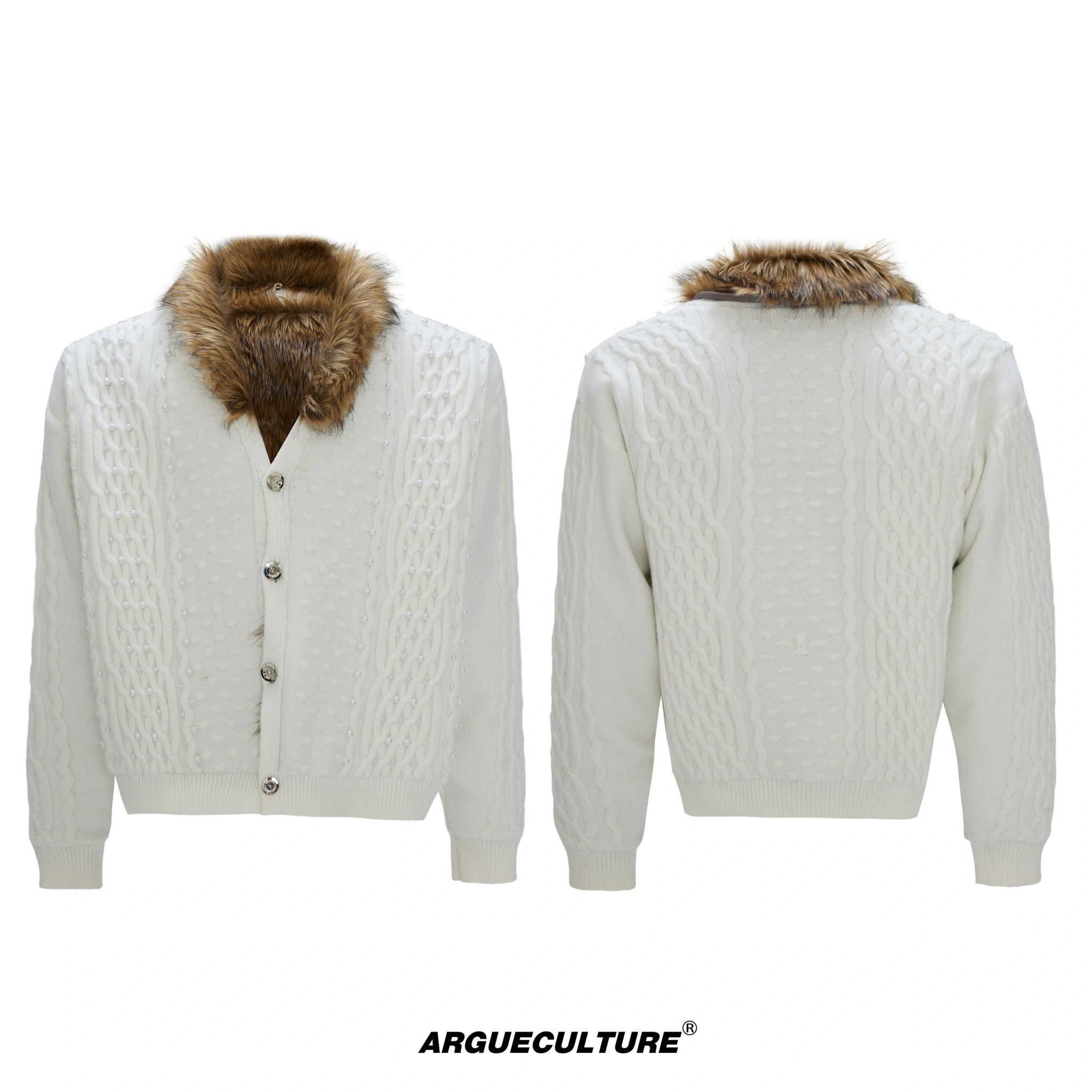 Retro Fur-Collar Cotton-Wool Cardigan Sweater - White Top