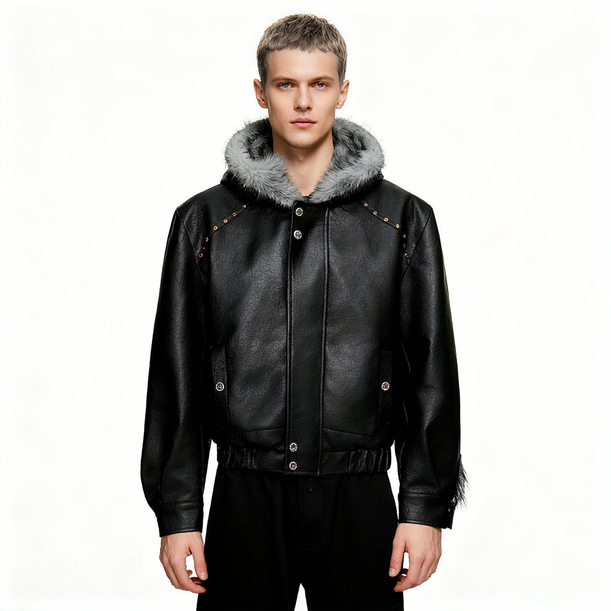 Fleece-Lined Faux Leather Hooded Streetwear Jacket - main image 2
