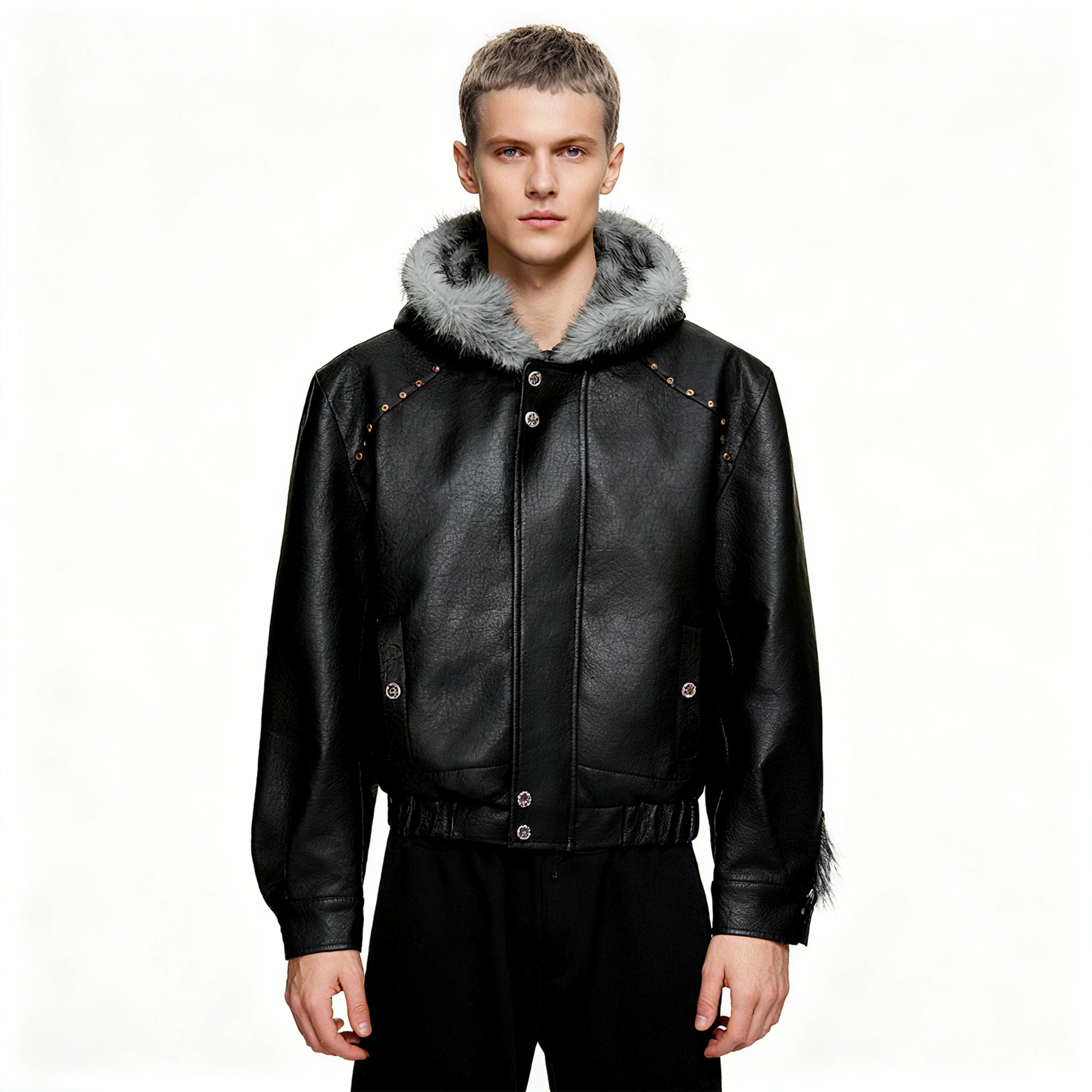 Fleece-Lined Faux Leather Hooded Streetwear Jacket - main image 2