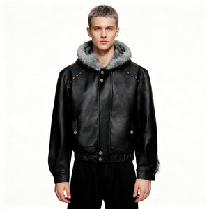 Fleece-Lined Faux Leather Hooded Streetwear Jacket - main image 2