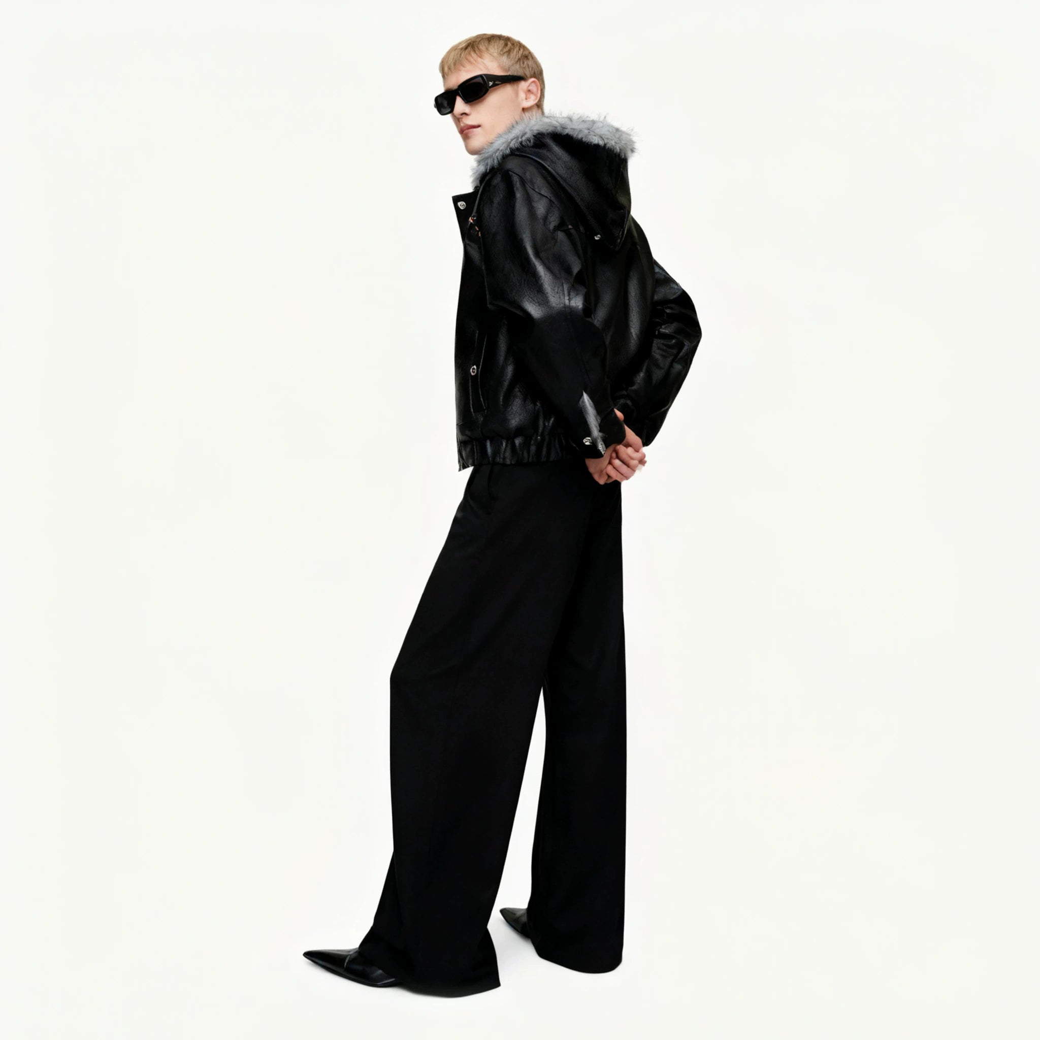 Fleece-Lined Faux Leather Hooded Streetwear Jacket - main image 5