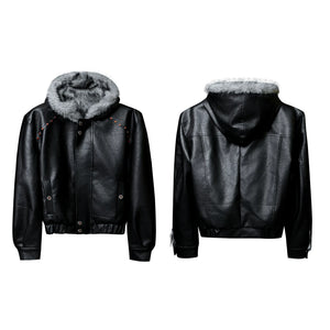 Fleece-Lined Faux Leather Hooded Streetwear Jacket - Black