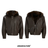 Fleece-Lined Faux Leather Hooded Streetwear Jacket - Brown