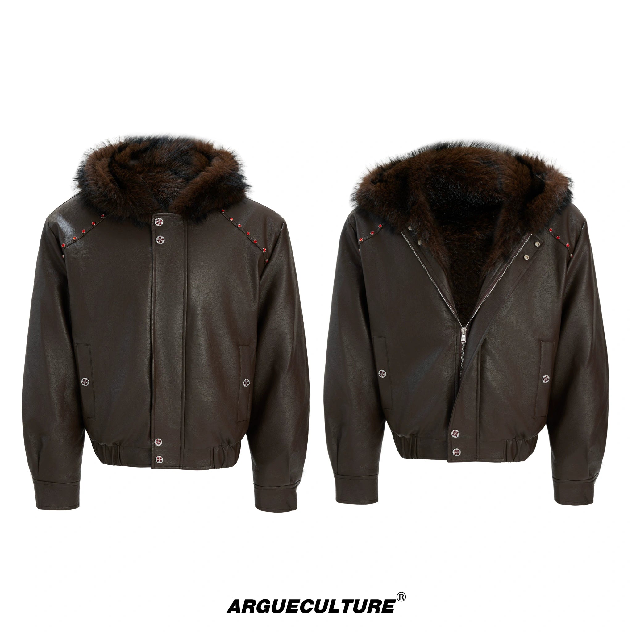 Fleece-Lined Faux Leather Hooded Streetwear Jacket - Brown