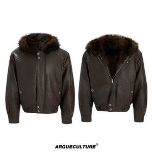 Fleece-Lined Faux Leather Hooded Streetwear Jacket - Brown