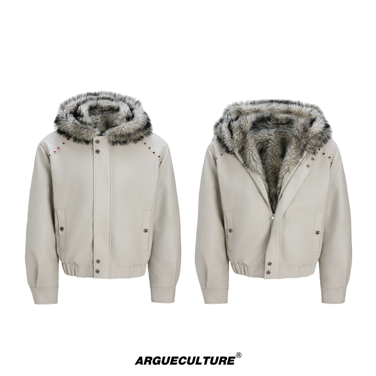Fleece-Lined Faux Leather Hooded Streetwear Jacket - White