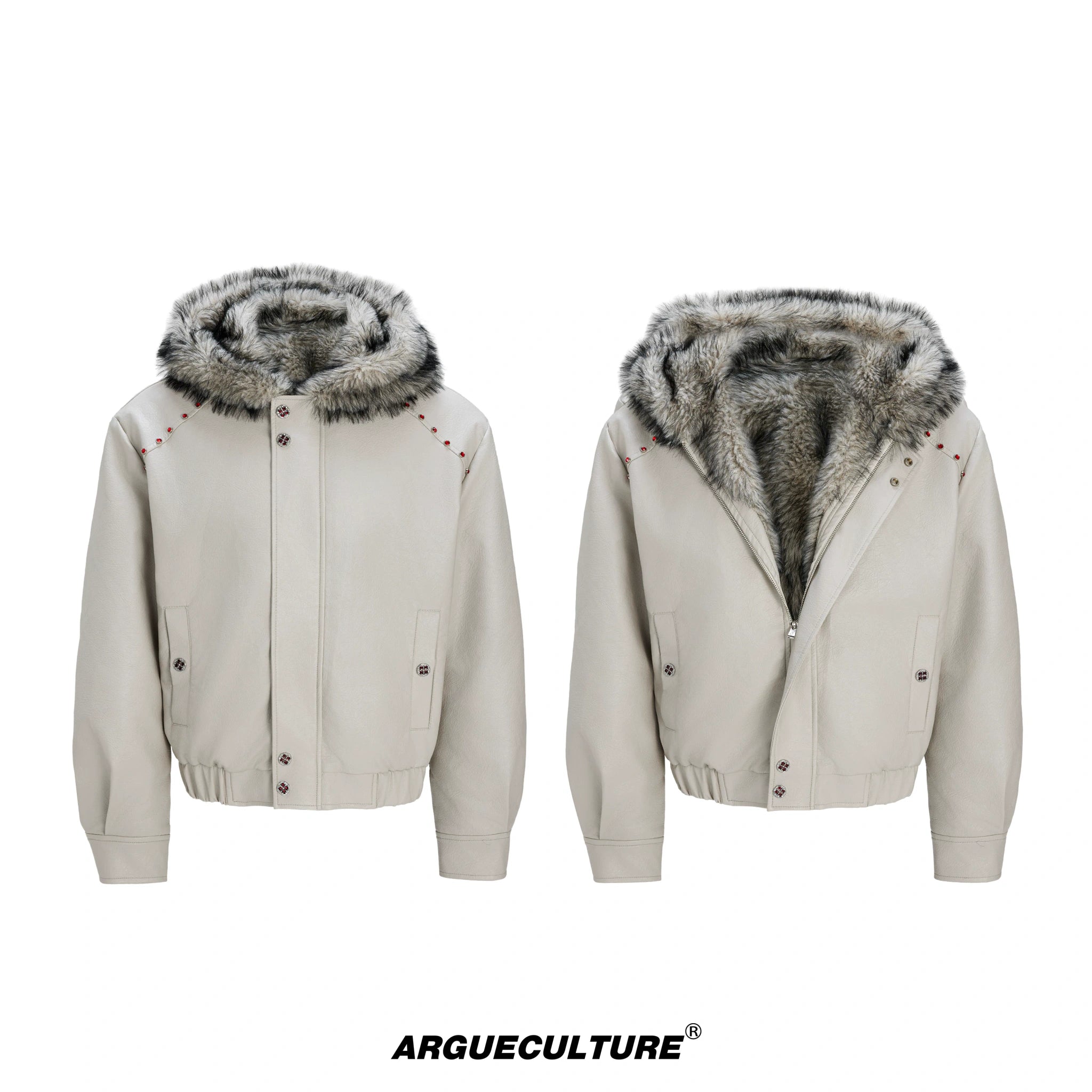 Fleece-Lined Faux Leather Hooded Streetwear Jacket - White