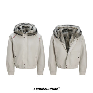 Fleece-Lined Faux Leather Hooded Streetwear Jacket - White