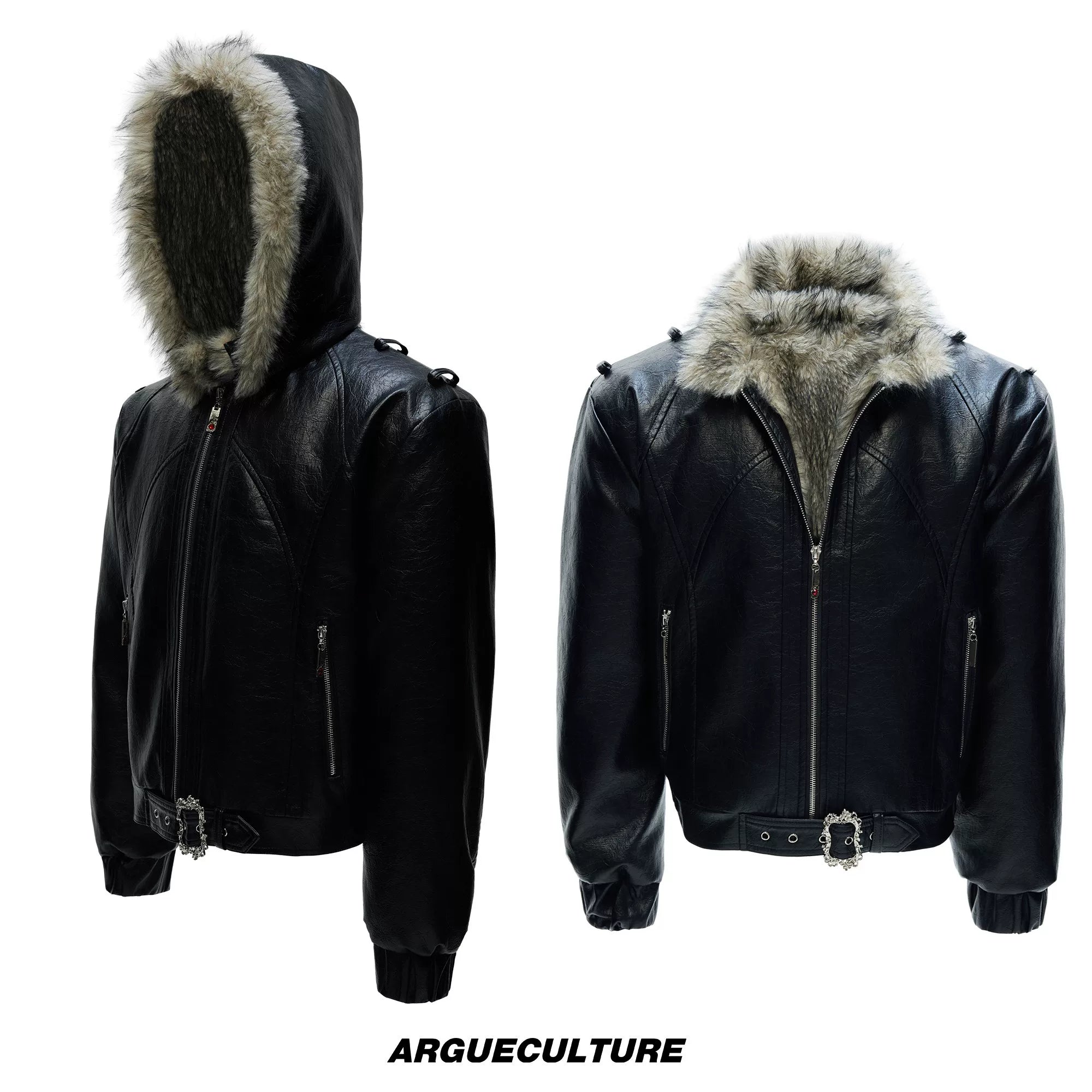 Fleece-Lined Faux Leather Hooded Streetwear Jacket - Black Top